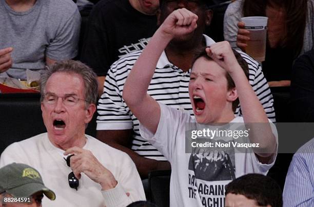 Warren Beatty and Benjamin Beatty attend Game Two of the NBA Finals between the Los Angeles Lakers and the Orlando Magic at Staples Center on June 7,...