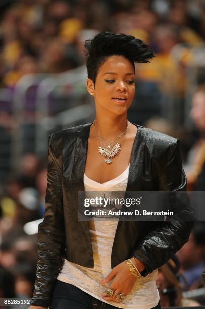 Singer Rihanna courtside during Game Two of the 2009 NBA Finals between the Orlando Magic and Los Angeles Lakers at Staples Center on June 7, 2009 in...