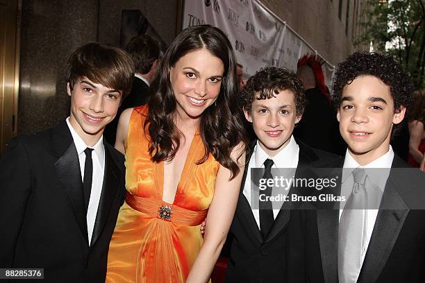 Actress Sutton Foster from Shrek the Musical with Kiril Kulish, Trent Kowalik and David Alvarez from Billy Elliot attend the 63rd Annual Tony Awards...