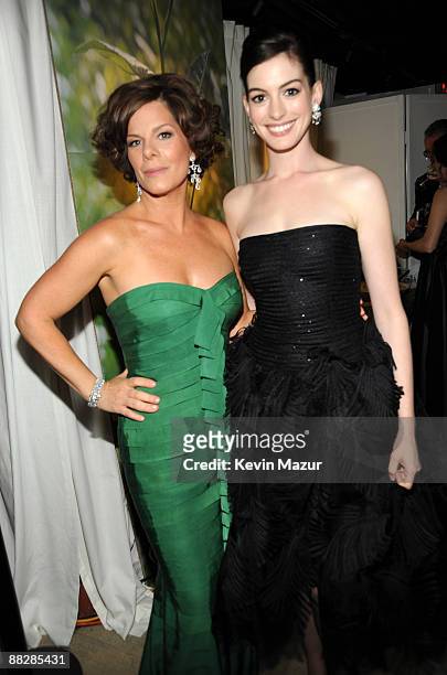 Marcia Gay Harden and Anne Hathaway backstage at the 63rd Annual Tony Awards at Radio City Music Hall on June 7, 2009 in New York City.