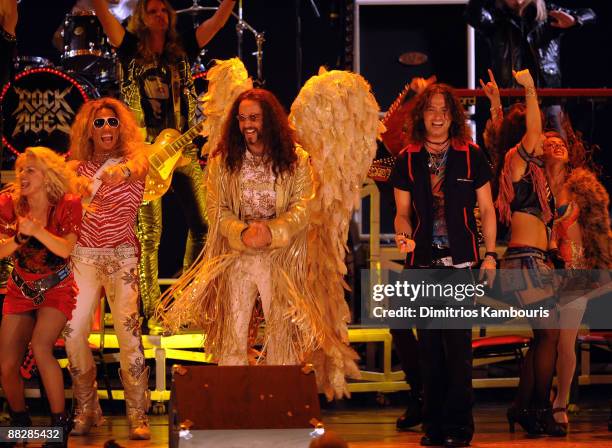 Constantine Maroulis performs a song with the cast of "Rock of Ages" on stage during the 63rd Annual Tony Awards at Radio City Music Hall on June 7,...