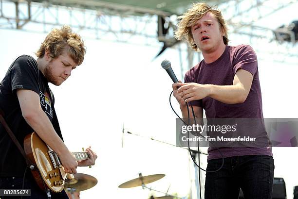 Brad Shultz and Matt Shultz of Cage the Elephant perform at Live 105's BFD 2009 at Shoreline Amphitheater on June 6, 2009 in Mountain View,...