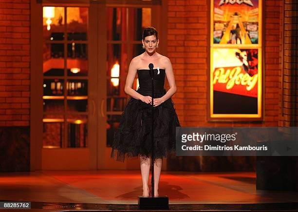 Actress Anne Hathaway speaks on stage during the 63rd Annual Tony Awards at Radio City Music Hall on June 7, 2009 in New York City.