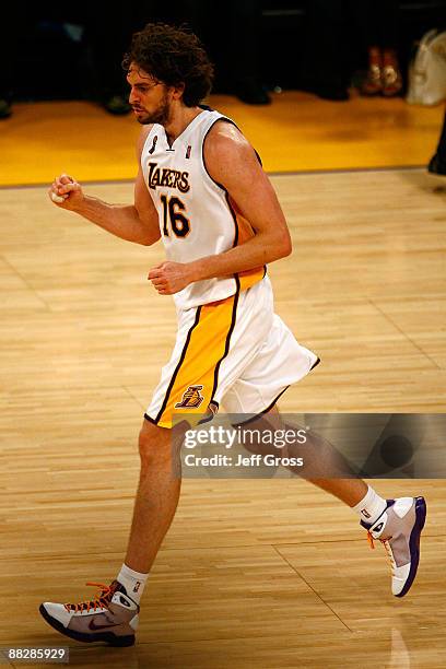 Pau Gasol of the Los Angeles Lakers walks to the bench during overtime against the Orlando Magic in Game Two of the 2009 NBA Finals at Staples Center...