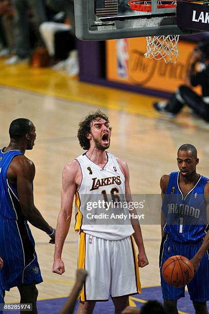 Pau Gasol of the Los Angeles Lakers shows emotion during Game Two of the 2009 NBA Finals at Staples Center between the Orlando Magic and the Los...