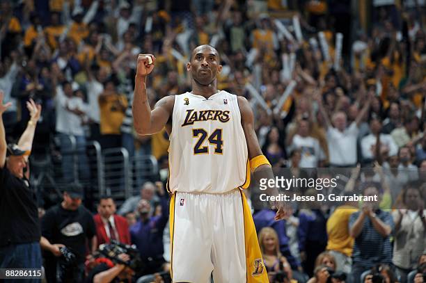 Kobe Bryant of the Los Angeles Lakers shows some emotion during Game Two of the 2009 NBA Finals against the Orlando Magic at Staples Center on June...
