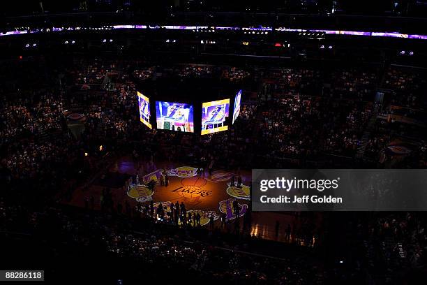 The Los Angeles Lakers logo is shown on the floor before the start of Game Two of the 2009 NBA Finals between the Los Angeles Lakers and the Orlando...