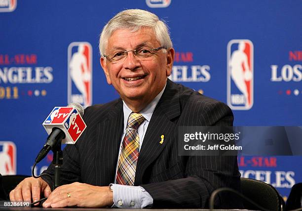 Commissioner David Sternn smiles during a news conference to announce Los Angeles as the host of the 2011 NBA All-Star Game before the start of Game...