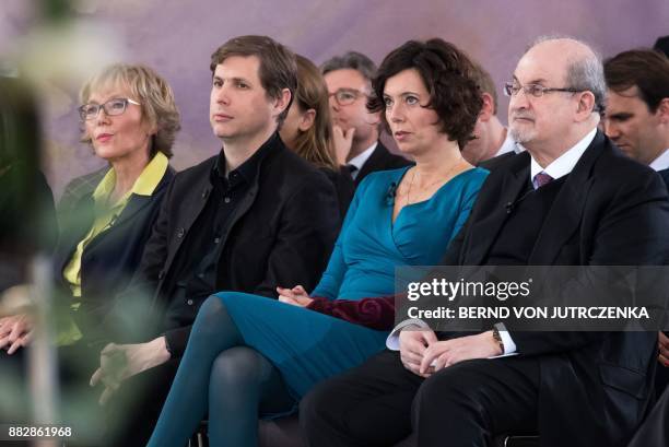British author Salman Rushdie, Austrian author Eva Menasse and Austrian-German author Daniel Kehlmann attend the event "The liberty of thoughts in...