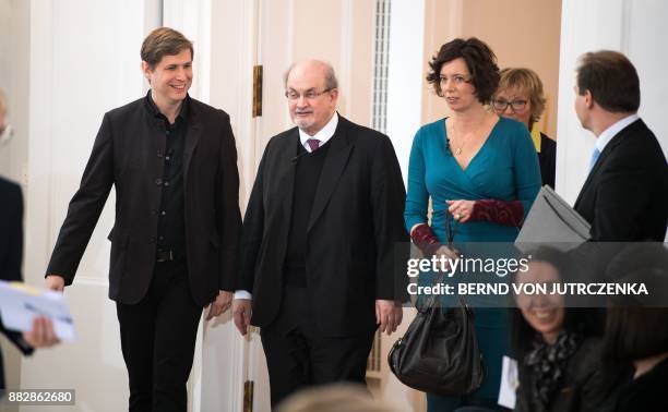 British author Salman Rushdie , Austrian author Eva Menasse and Austrian-German author Daniel Kehlmann arrive for the event "The liberty of thoughts...