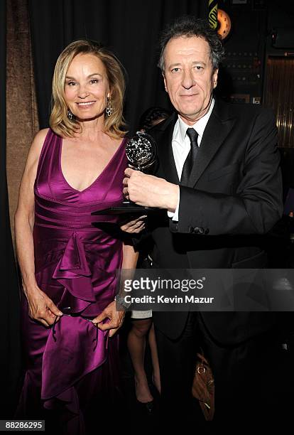 Jessica Lange and Geoffrey Rush backstage at the 63rd Annual Tony Awards at Radio City Music Hall on June 7, 2009 in New York City.