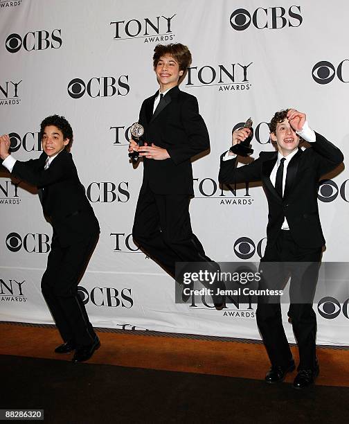 Actors David Alvarez ,Kiril Kulish and Trent Kowalik, winners of Tony Award for Best Musical for "Billy Elliot, The Musical" in the press room at the...