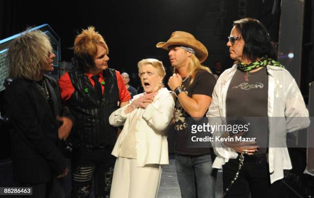 Angela Lansbury, Bret Michaels and the cast of "Rock of Ages" backstage at the 63rd Annual Tony Awards at Radio City Music Hall on June 7, 2009 in...