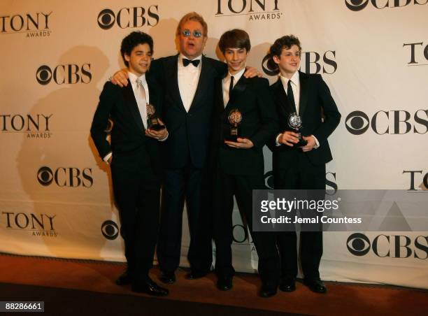 Actor David Alvarez, composer, Sir Elton John, actor Kiril Kulish and actor Trent Kowalik, winners of Tony Award for best Musical for "Billy Elliot,...