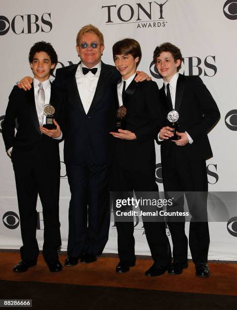 Actor David Alvarez, composer, Sir Elton John, actor Kiril Kulish and actor Trent Kowalik, winners of Tony Award for best Musical for "Billy Elliot,...