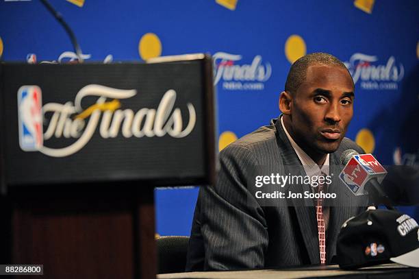 Kobe Bryant of the Los Angeles Lakers speaks during the post game press conference after Game Two of the 2009 NBA Finals between the Orlando Magic...