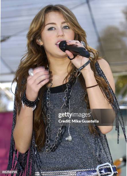 Singer Miley Cyrus performs at the A Time for Heroes Celebrity Carnival Sponsored by Disney benefiting the Elizabeth Glaser Pediatric AIDS Foundation...