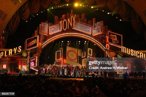 The casts of "West Side Story", "Hair", "Shrek", "Rock of Ages", "Pal Joey", "9 to 5" and "Billy Elliot" onstage during the 63rd Annual Tony Awards...