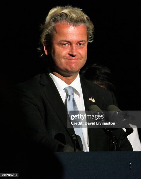 Dutch politician and Party for Freedom chairman Geert Wilders appears on stage at the American Freedom Alliance's Heroes of Conscience Dinner at the...
