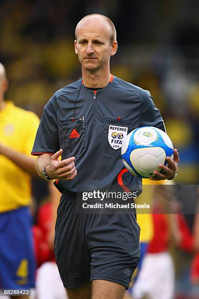 Referee Mike Riley of England during the FIFA2010 World Cup Qualifying Group 1 match between Sweden and Denmark at the Rasunda Stadium on June 6,...