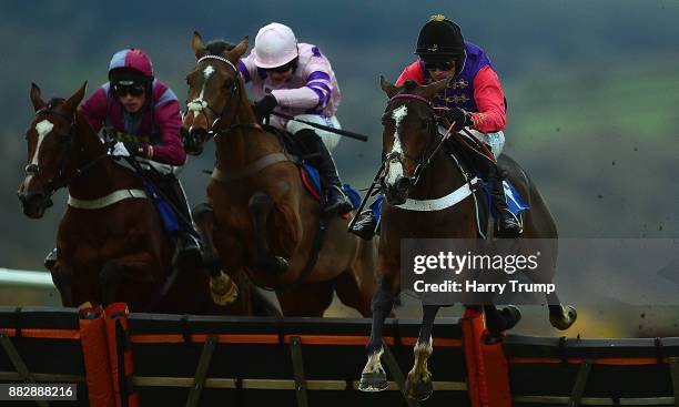 Comely ridden by Nico De Boinville jump the last on their way to winning the Bet Toteexacta At Betfred.com Novices Handicap Hurdle at Taunton...