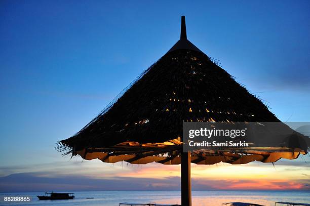 thatched parasol on the beach at sunset - isla de mabul fotografías e imágenes de stock