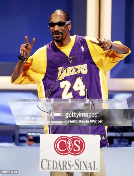 Rapper Snoop Dogg appears onstage at the Cedars-Sinai Medical Center's 24th Annual Sports Spectacular at the Century Plaza Hotel on June 7, 2009 in...