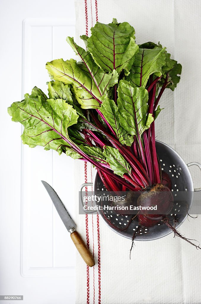 Beetroot in colander on kitchen table