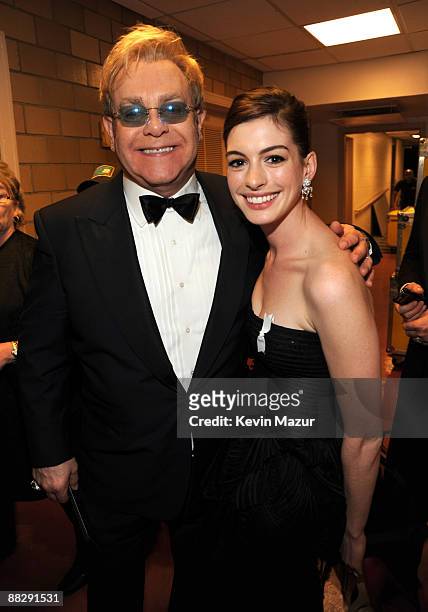 Elton John and Anne Hathaway backstage at the 63rd Annual Tony Awards at Radio City Music Hall on June 7, 2009 in New York City.