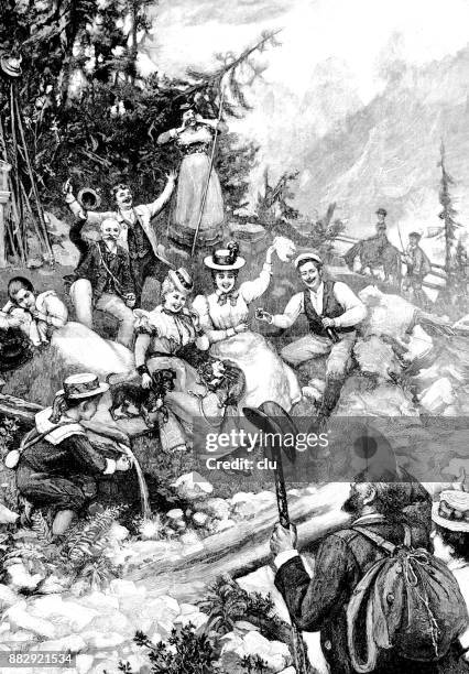 people are on their way up the mountain, hiking and having fun - senior water women stock illustrations