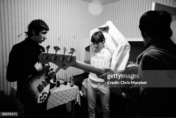 Pete Townshend, Keith Moon and John Entwistle of The Who backstage at a concert played without Roger Daltrey at Wimbledon Palais on May 13th 1966 in...