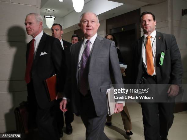 Attorney General Jeff Sessions arrives to appear before a closed door session of the House Intelligence Committee on Capitol Hill, November 30, 2017...