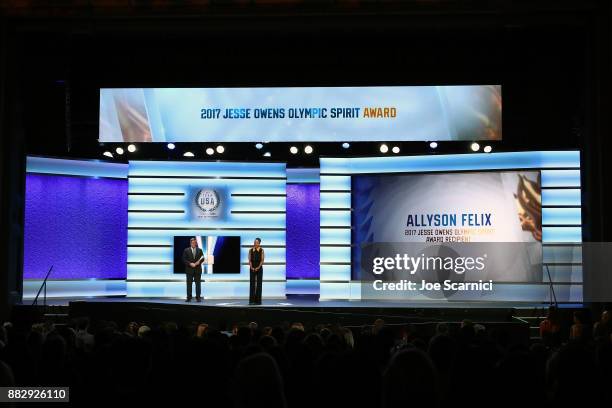 Allyson Felix is seen on stage after winning the Jesse Owens Olympic Spirit Award during the 2017 Team USA Awards on November 29, 2017 in Westwood,...