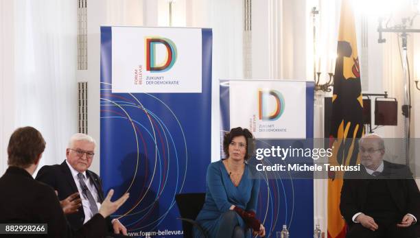 Book-writers and authors Salman Rushdie, Eva Menasse and Daniel Kehlmann speak to German federal state president Frank-Walter Steinmeier during a...