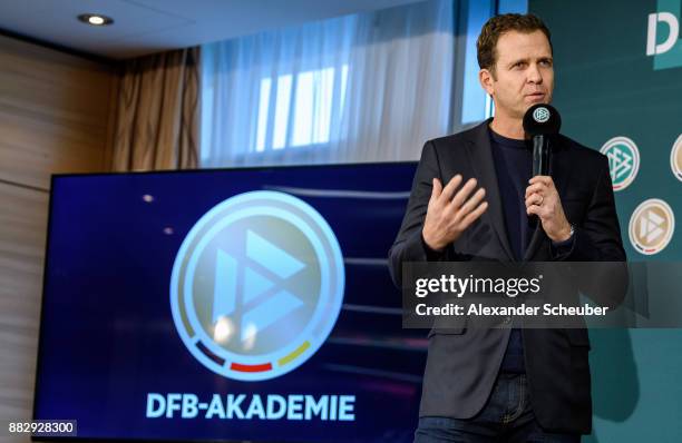 Oliver Bierhoff attends the 1st International DFB Game Analysis Congress - Press Conference on November 30, 2017 in Frankfurt am Main, Germany.