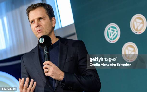 Oliver Bierhoff attends the 1st International DFB Game Analysis Congress - Press Conference on November 30, 2017 in Frankfurt am Main, Germany.
