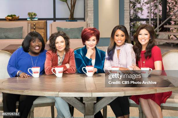 The ladies of The Talk on the CBS Television Network. From left, Sheryl Underwood, Sara Gilbert, Sharon Osbourne, Eve and Julie Chen, shown.