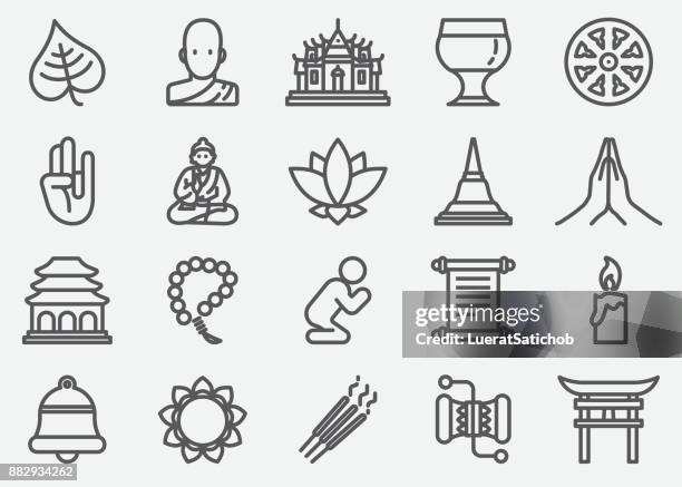 ilustraciones, imágenes clip art, dibujos animados e iconos de stock de iconos de línea de budismo yoga - buda