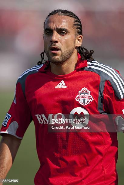 Midfielder Dwayne De Rosario of the Toronto FC follows the play during the game against the Los Angeles Galaxy at BMO Field on June 6, 2009 in...