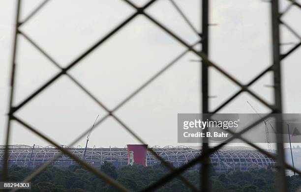 Construction on FNB Stadium, known as Soccer City, is seen through a communications tower on March 9, 2009 in Johannesburg, South Africa. South...