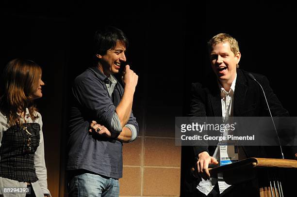 Actress Mickey Ewan, actor Ray Romano and director Geoff Haley at "The Last Word" press conference at the Eccles Theatre during 2008 Sundance Film...
