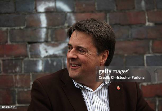 Nick Griffin MEP, leader of The British National Party, poses in his hometown of Welshpool for the media after winning the North West seat in the...