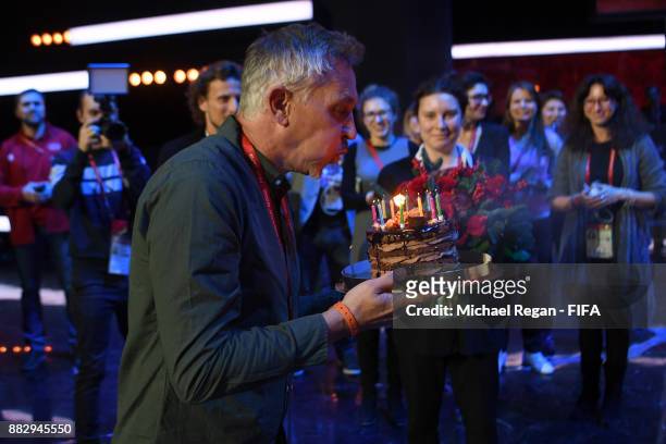 Conductor Gary Lineker receives a birthday cake prior to the 2018 FIFA World Cup Draw the 2018 FIFA World Cup Draw at the Draw hall on November 30,...