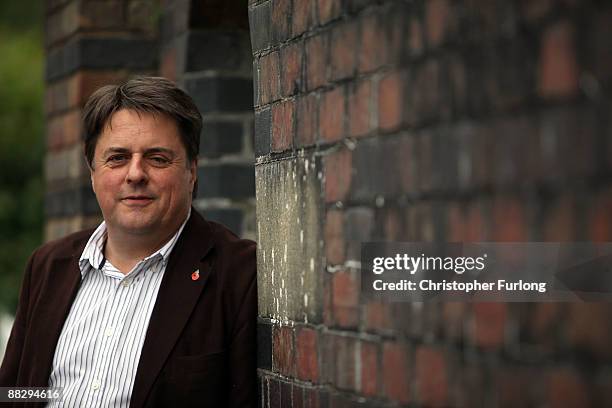 Nick Griffin MEP, leader of The British National Party, poses in his hometown of Welshpool for the media after winning the North West seat in the...