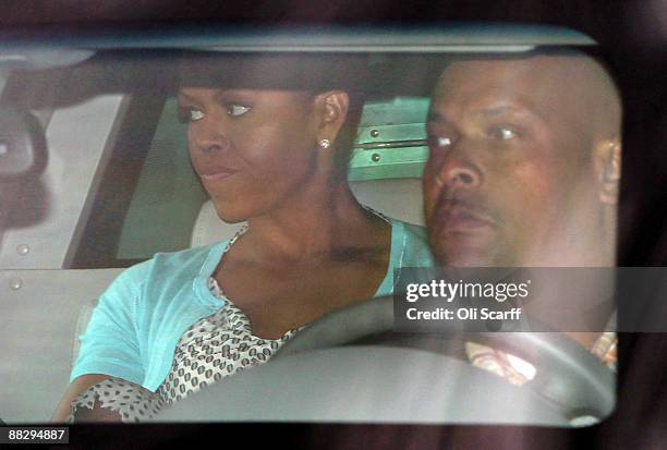 First Lady of the United States of America, Michelle Obama leaves Number 10 Downing Street in a motorcade during an unofficial visit on June 8, 2009...