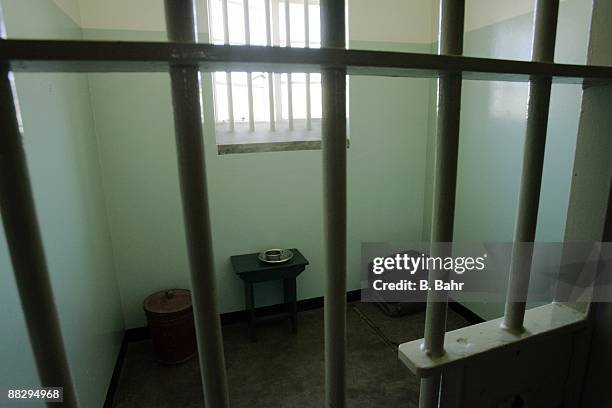 The prison cell where Nelson Mandela was housed remains empty on March 15, 2009 on Robben Island near Cape Town, South Africa. South Africa will host...