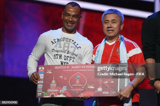 Cafu meets a 'Superfan' after the rehearsal for the 2018 FIFA World Cup Draw at the Kremlin on November 30, 2017 in Moscow, Russia.