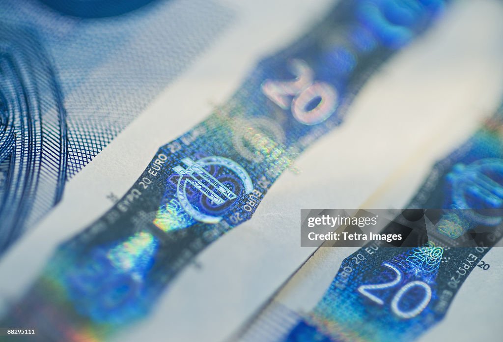 Close up of euro note holograph