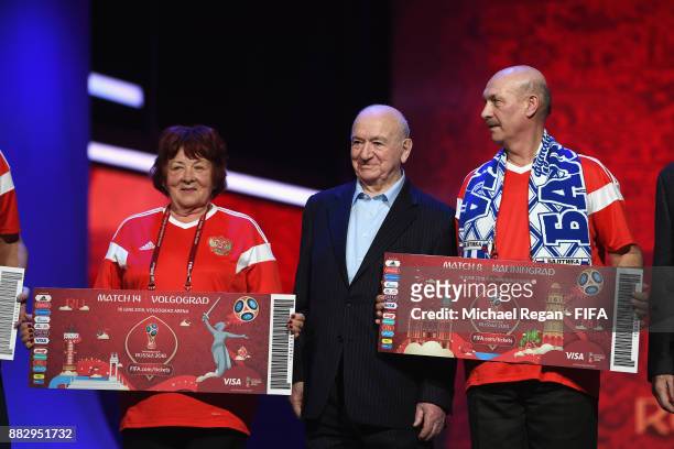 Nikita Simonyan looks on with Russian 'superfans' after the rehearsal for the 2018 FIFA World Cup Draw at the Kremlin on November 30, 2017 in Moscow,...