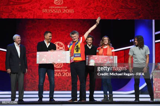 Gordon Banks, Fabio Cannavaro, Diego Forlanand Carlos Puyol looks on with a Russian 'superfan' after the rehearsal for the 2018 FIFA World Cup Draw...